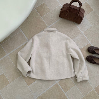 // 100%wool翻領雙口袋短款雙面手工羊毛外套(連頸繩掛飾)