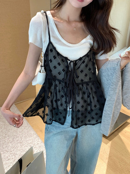 // 疊穿必入刺繡透膚綁帶小吊帶