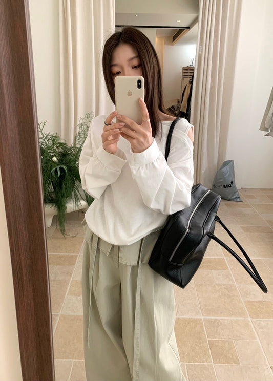 🫏 假兩件斜肩下擺抽繩上衣