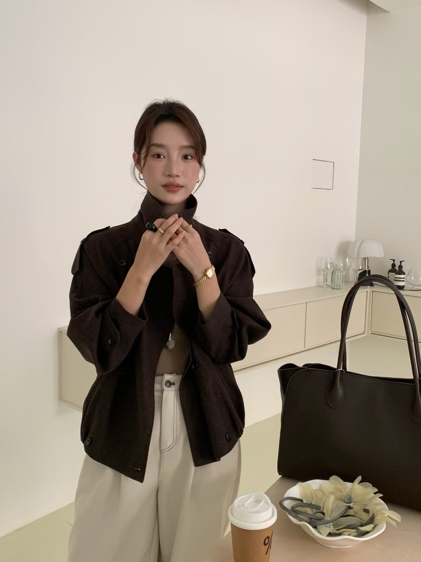 // 經典雙排扣短款外套(連絲巾)