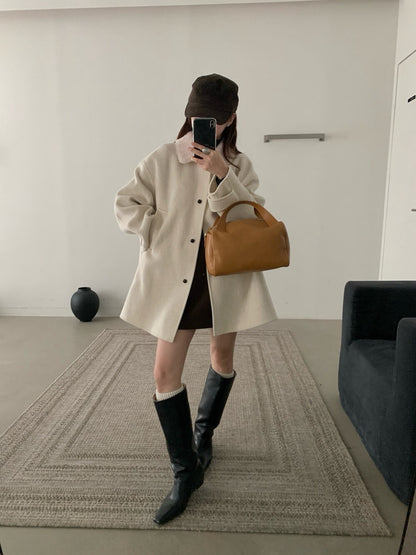 // 100%羊毛拼毛毛領中長手工外套(連袋仔)