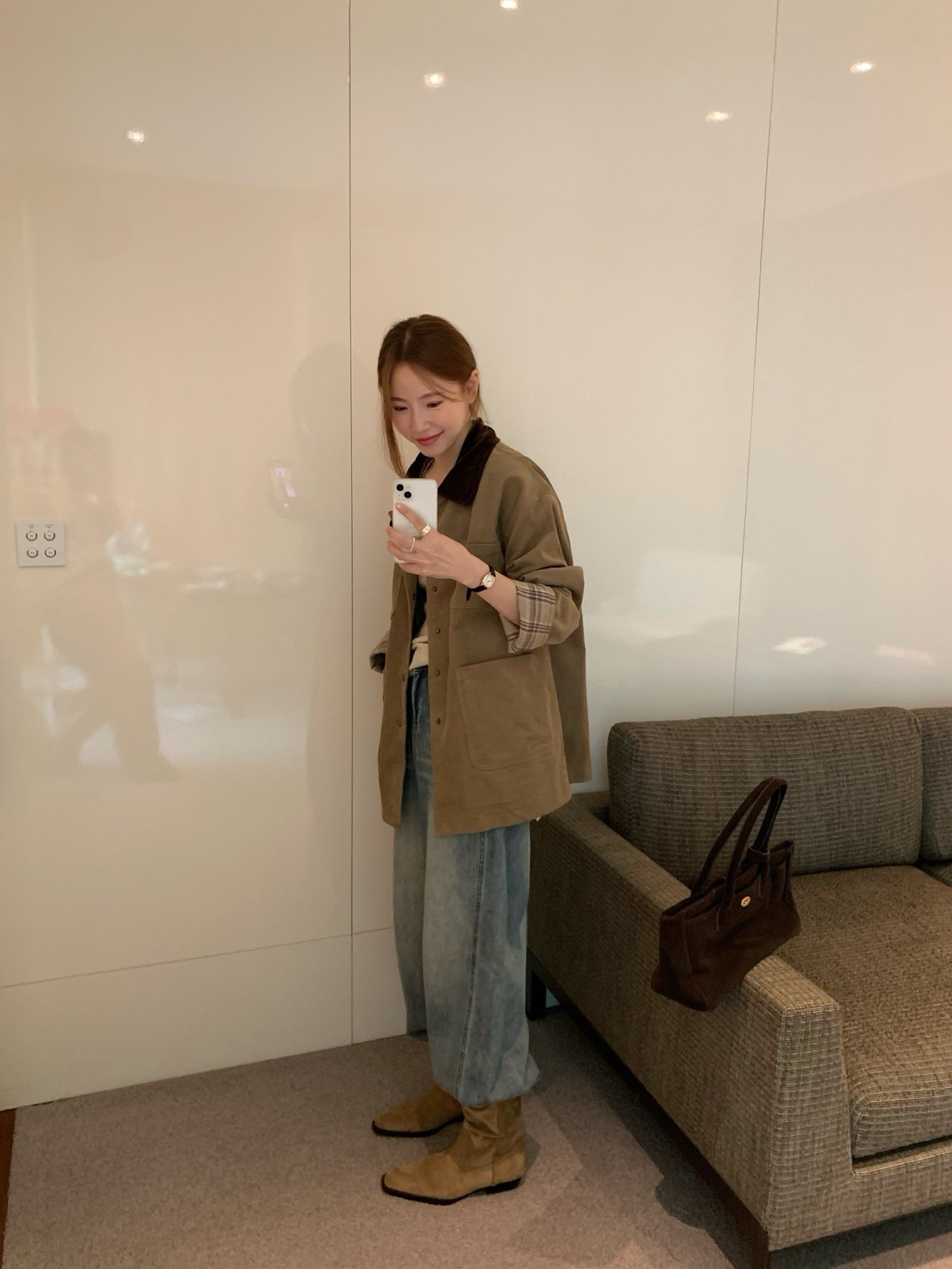 // 絨面領拼燈芯絨格紋拼布中長外套