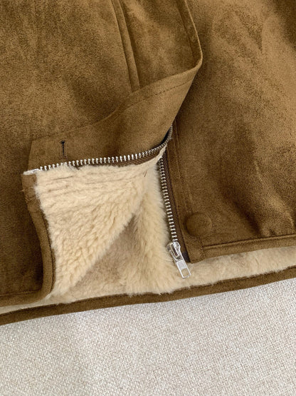 // 皮毛一體毛毛圓翻領麂皮外套