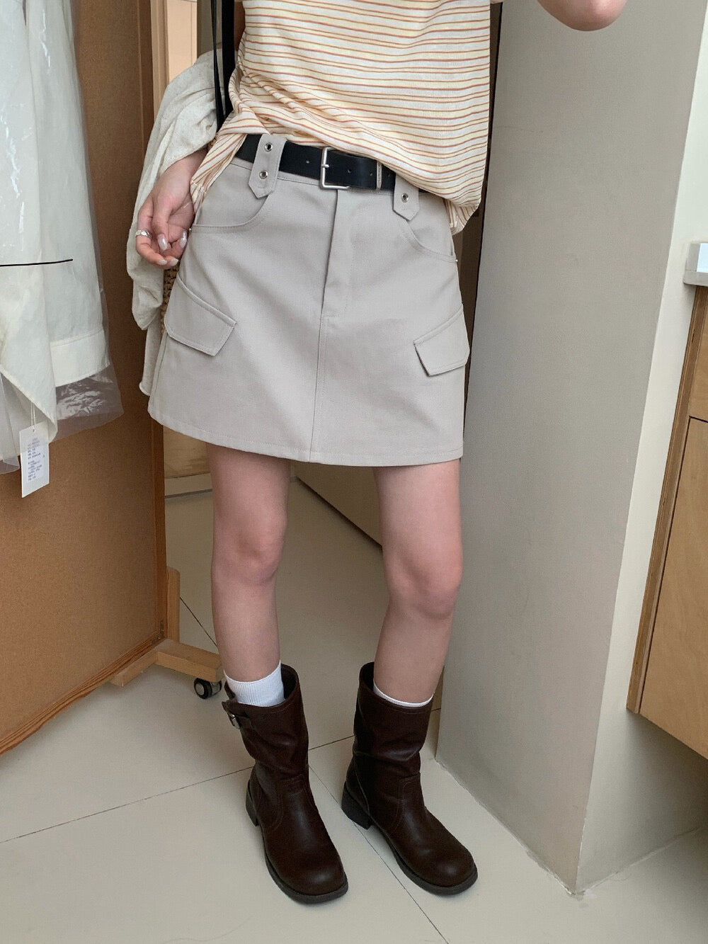 // 美式復古工裝連腰帶短裙(有褲內裡)