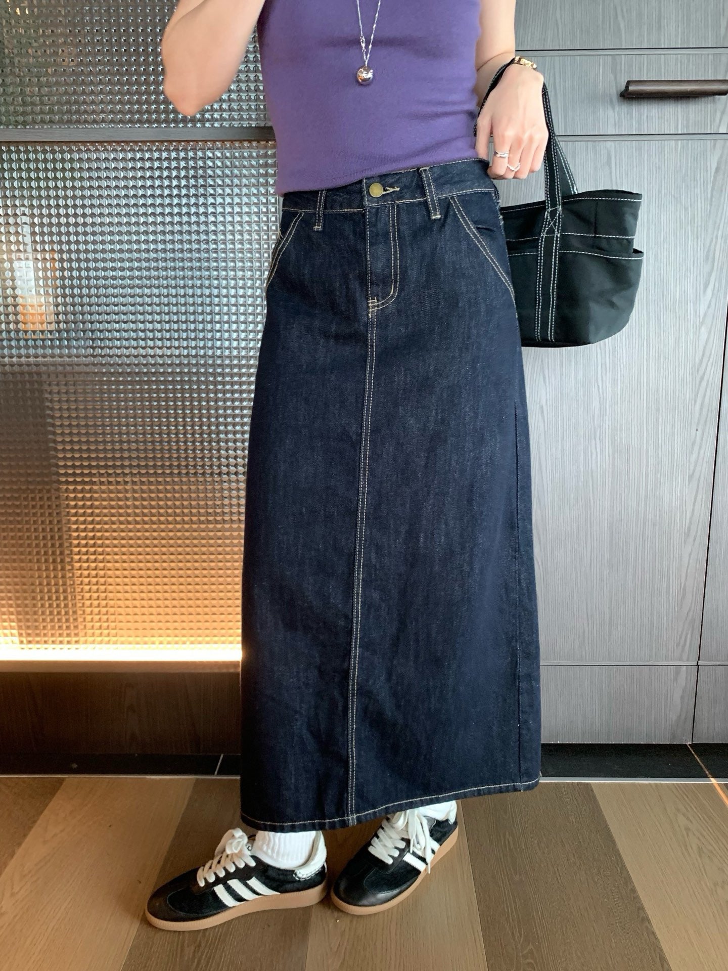 // 後開叉小復古微A字牛仔SK