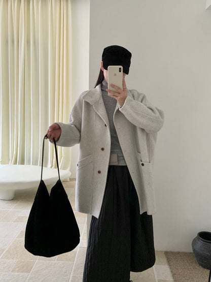 // 立領簡約風100%羊毛手工雙面中長外套