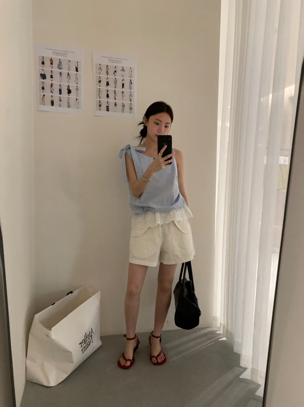 // 拼接鈎花邊單邊綁帶斜肩細格仔背心