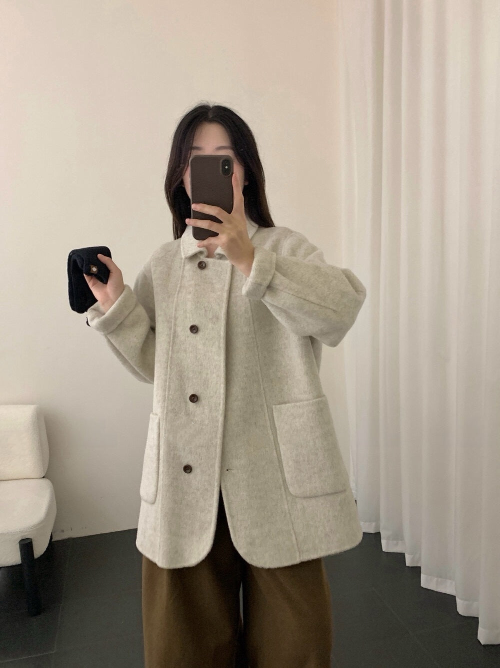 // 90%wool+10%cashmere翻領口袋中長雙面手工外套￼