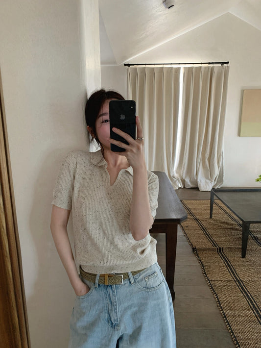 🕊️ 彩點小V翻領短袖針織上衣