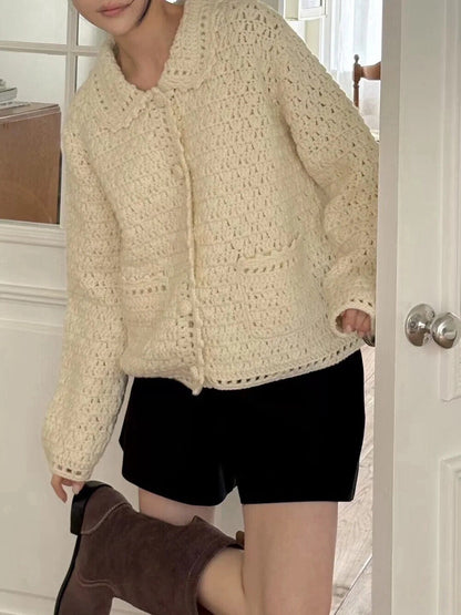 // 重工手工鈎花包扣口袋翻領CD