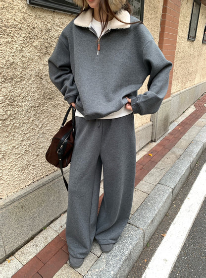 // 毛毛領半拉鍊衛衣+褲套裝