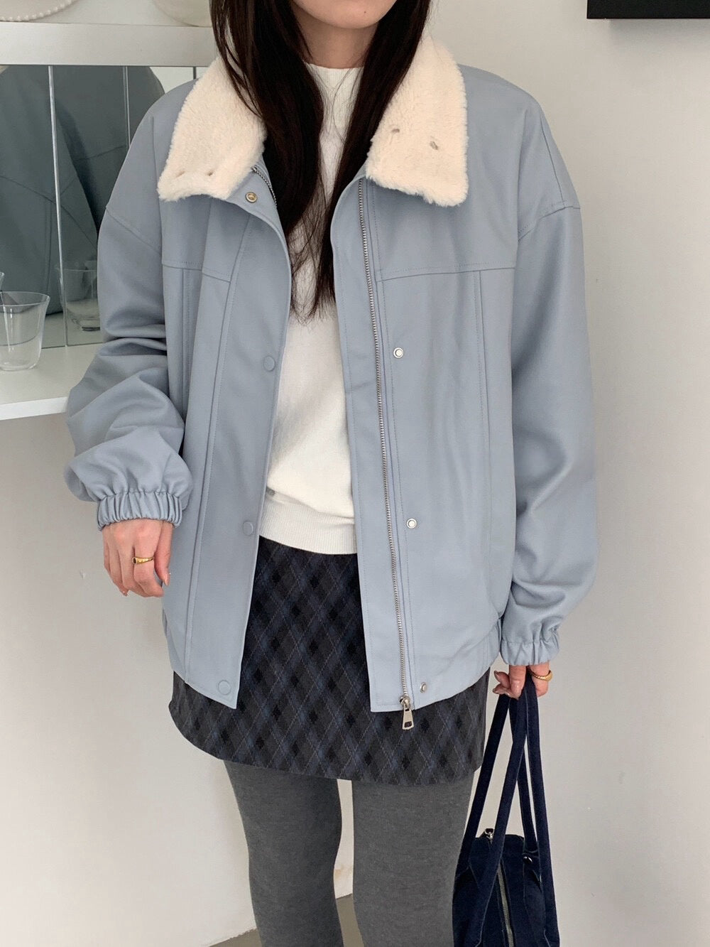 // 甜酷風毛毛領夾棉皮外套