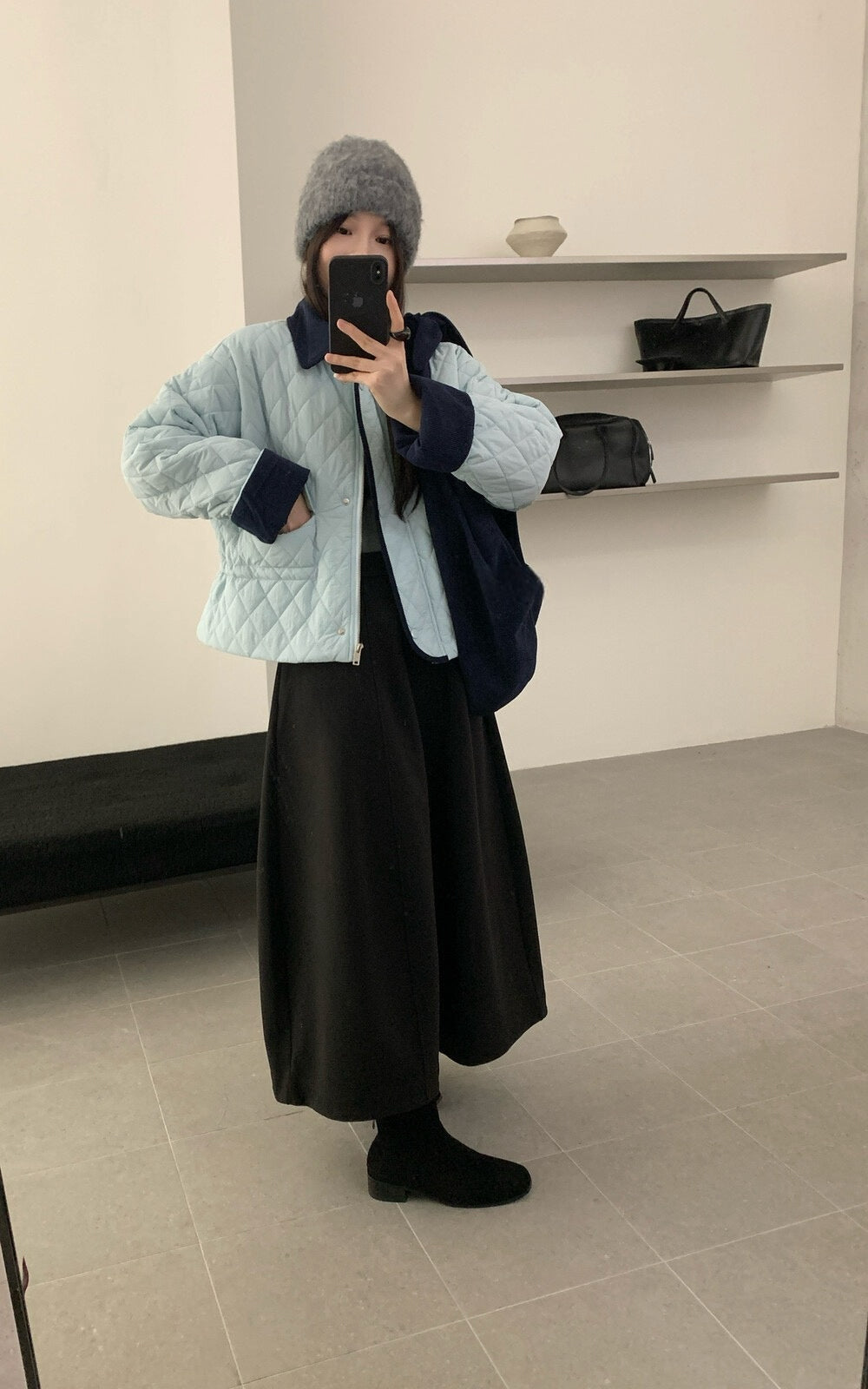 // 撞色包邊拼燈芯絨領可束腰菱格夾棉短外套(帽子可拆)