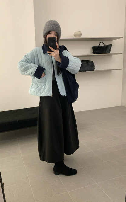 // 撞色包邊拼燈芯絨領可束腰菱格夾棉短外套(帽子可拆)