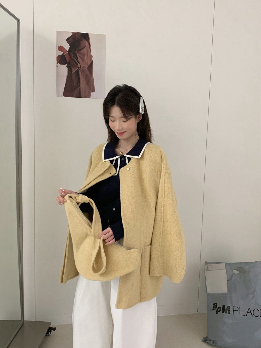 // 100%wool圓領大袋雙面毛呢外套(連袋仔)