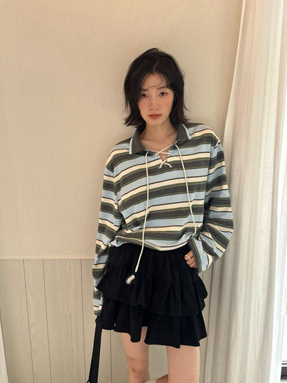 // Miu風綁帶間條polo上衣