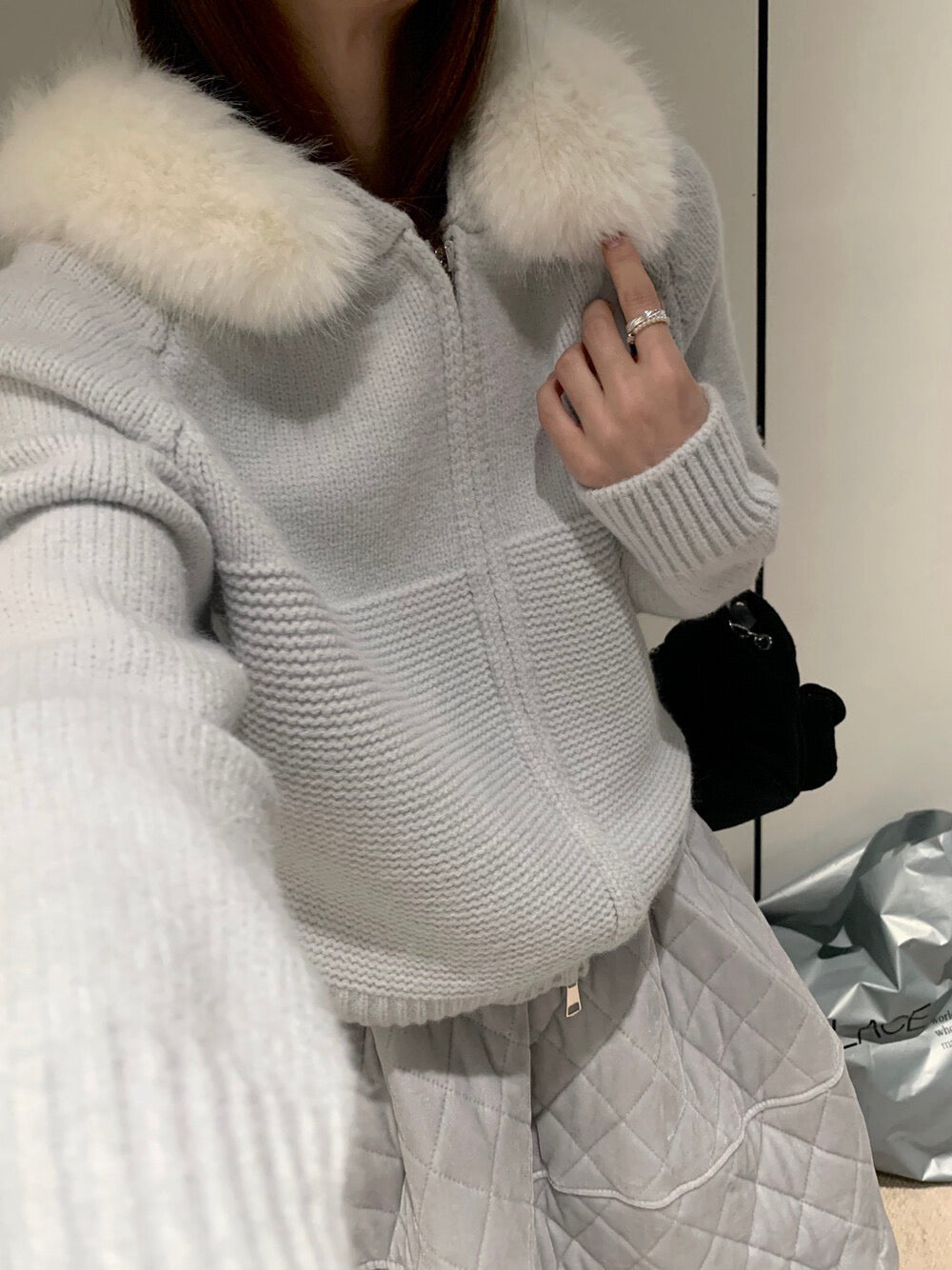 // 拼織紋可拆卸毛毛邊連帽CD