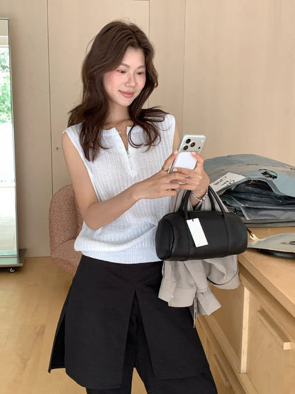 // 高級感半拉鍊直織紋背心