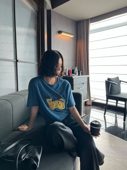 // 可愛小貓刺繡親膚磨毛感TEE