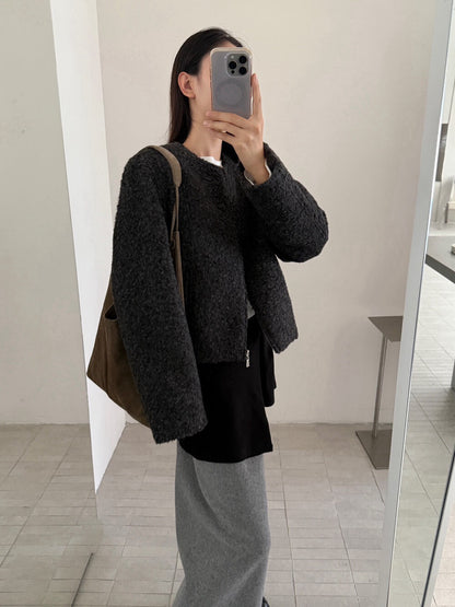 // 圓領圈圈絨簡約拉鏈外套
