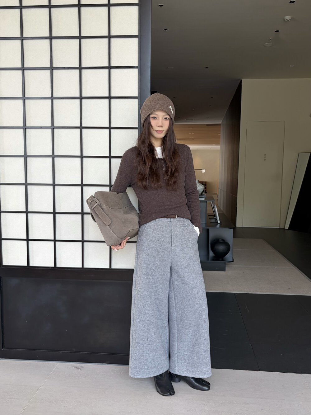 // 小口袋裝飾加絨直腳混羊毛呢褲(連腰帶)