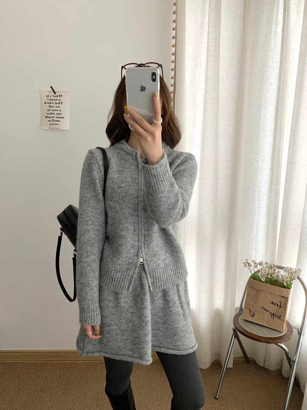 // 性價比超高！圓領拉鍊外套+短裙針織套裝