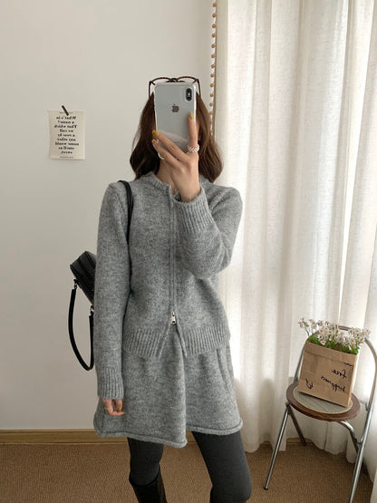 // 性價比超高！圓領拉鍊外套+短裙針織套裝