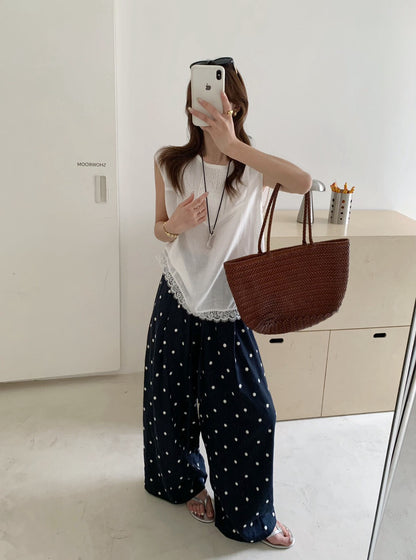// 壓褶設計lace邊後綁帶背心