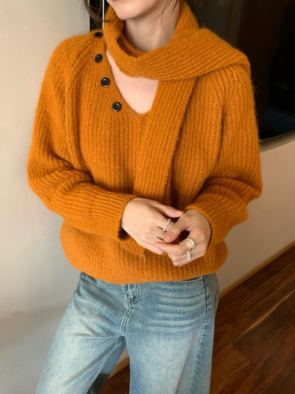 // 慵懶領邊鈕扣設計連頸巾毛衣