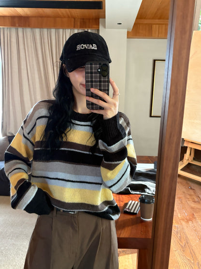 // 復古感撞色間條圓領10%羊毛NT