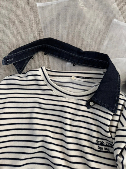 B195 / 小刺繡字連可拆領子間條TEE