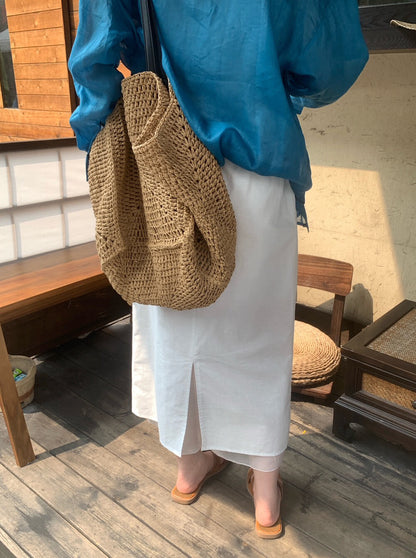 // 麻質拼接腳綁帶腰中裙