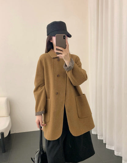 // 90%wool+10%cashmere翻領口袋中長雙面手工外套￼
