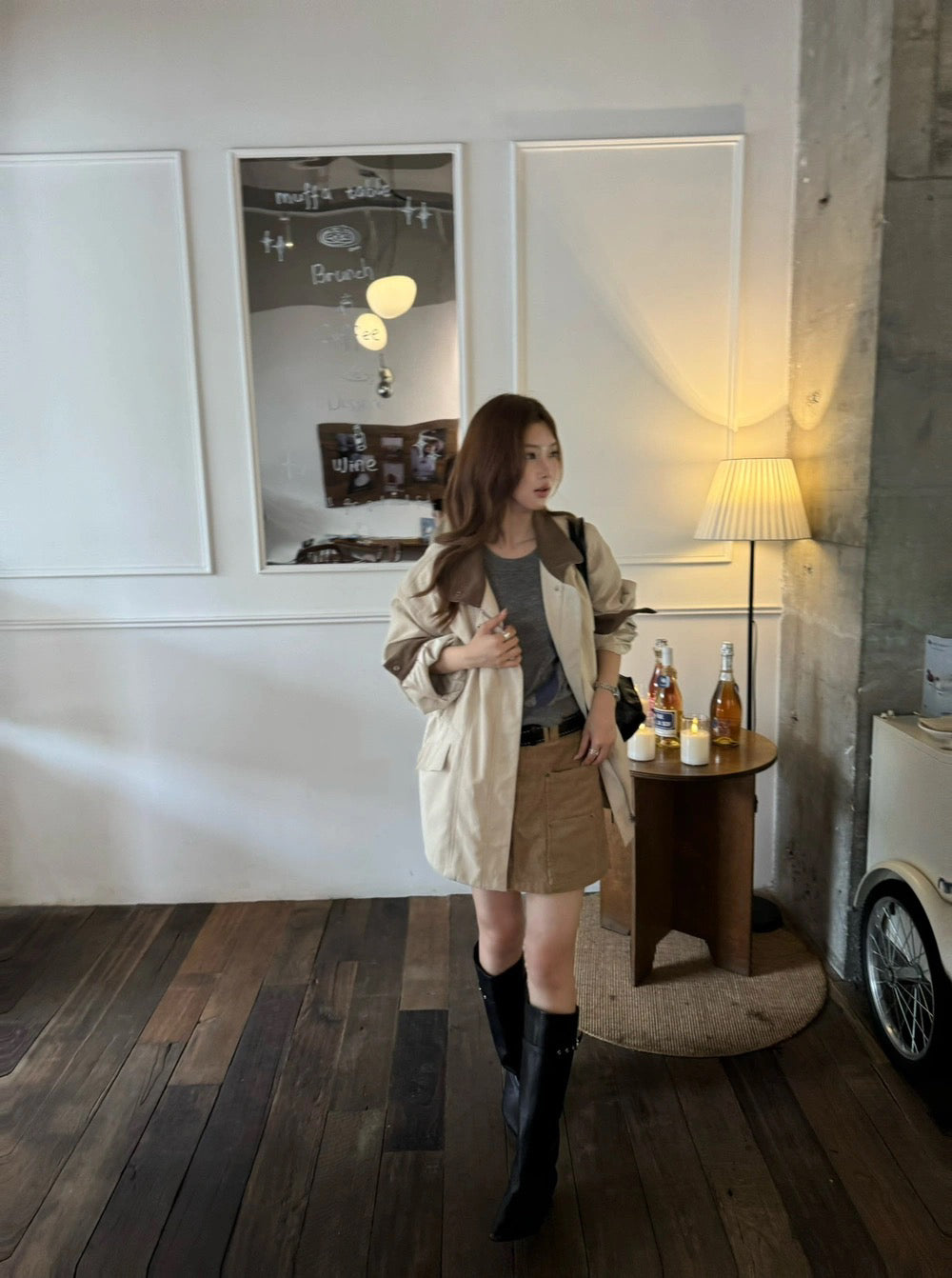 J29 / 美式復古拼燈芯絨領可束腰中長trench coat