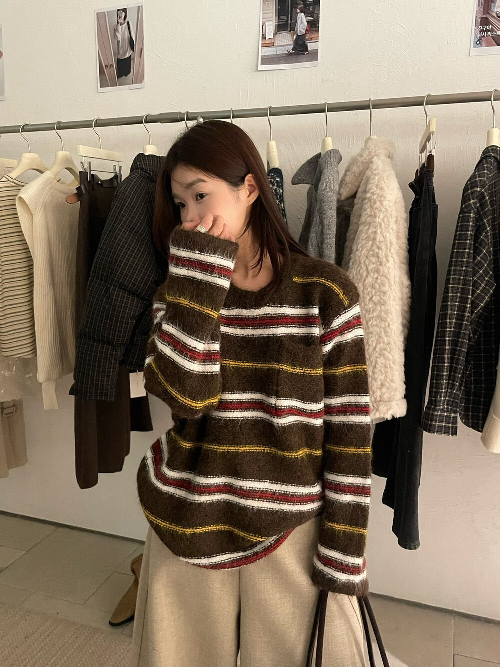 // 復古撞色間條口袋軟糯毛衣