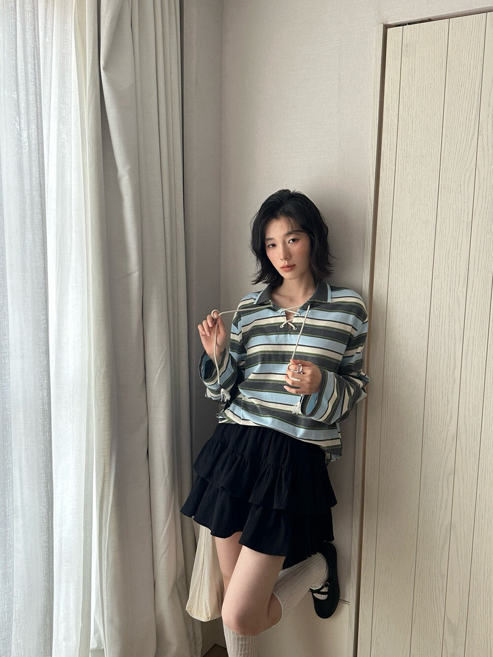 // Miu風綁帶間條polo上衣