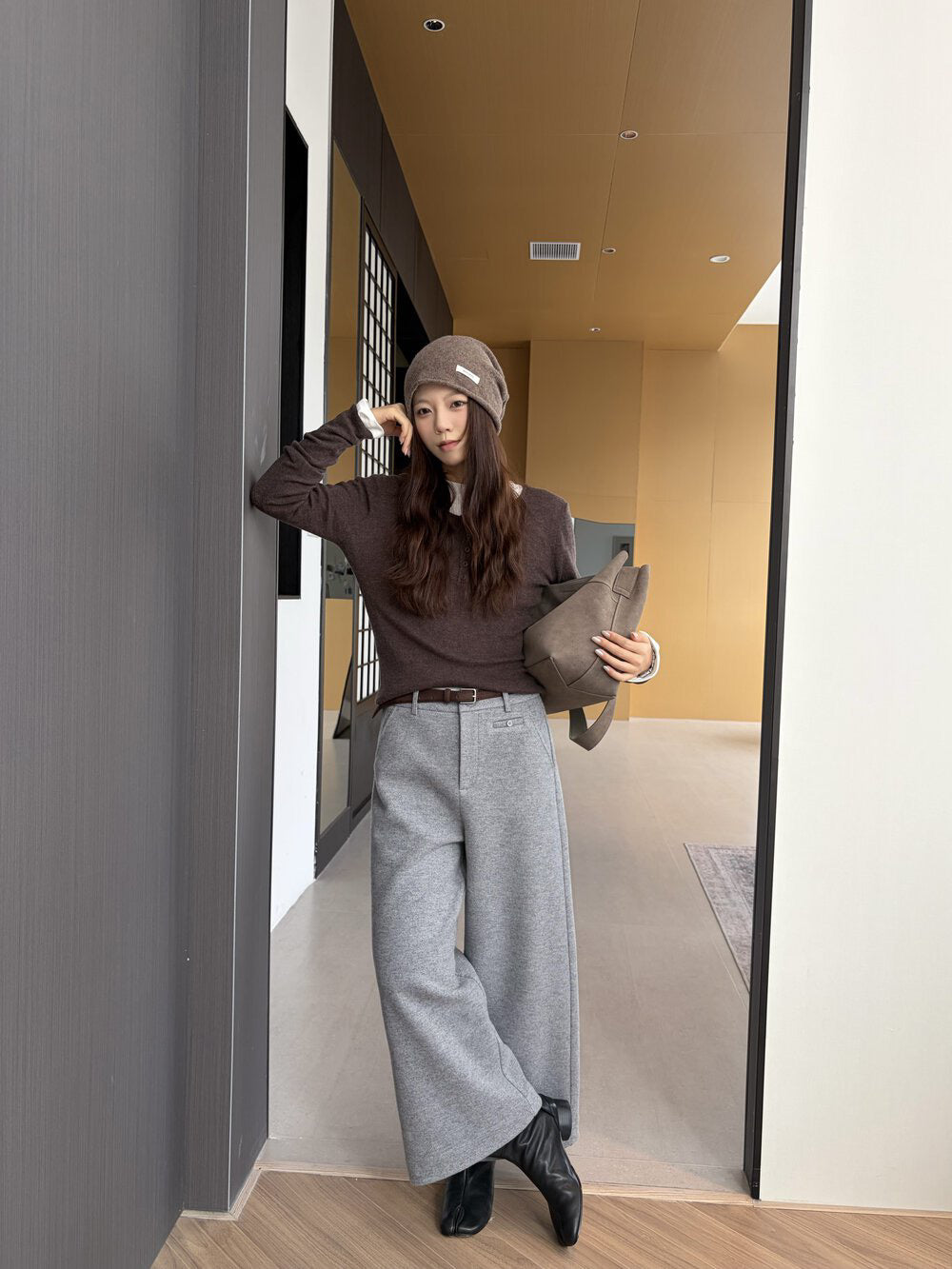 // 小口袋裝飾加絨直腳混羊毛呢褲(連腰帶)