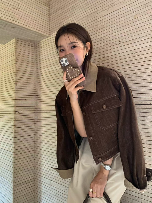 // 復古撞色燈芯絨領短款牛仔外套