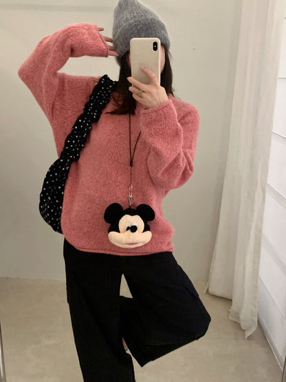 // 5%兔毛混針花線圓領卷邊毛衣