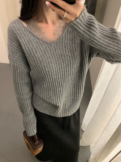 // 12%綿羊毛lace邊假兩件NT