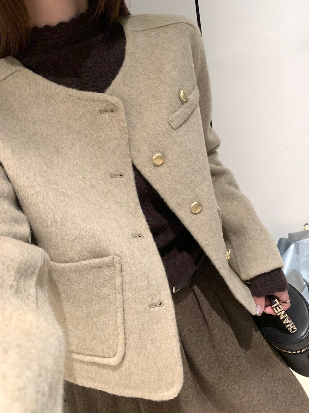 回饋價！// 質感金鈕扣氣質口袋100%手工雙面羊毛外套