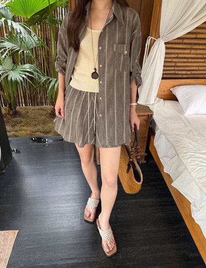 S15 / 棉麻直間口袋防曬恤衫++打底背心+短褲三件套￼