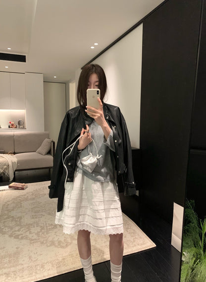 🫘 質感滿分衣擺腰帶立領彷皮外套