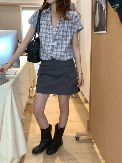 // 復古感拼色格紋恤衫