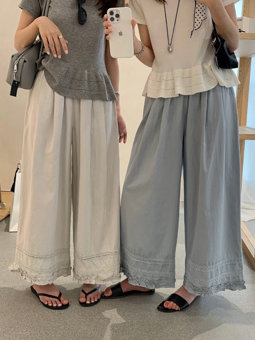 // 小復古刺繡花邊腳休閒褲