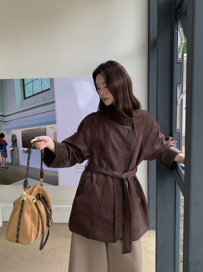 // 帥氣麂皮絨可立領拼皮外套