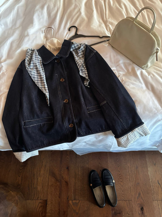 // 復古感明線格仔內裡拼接牛仔外套