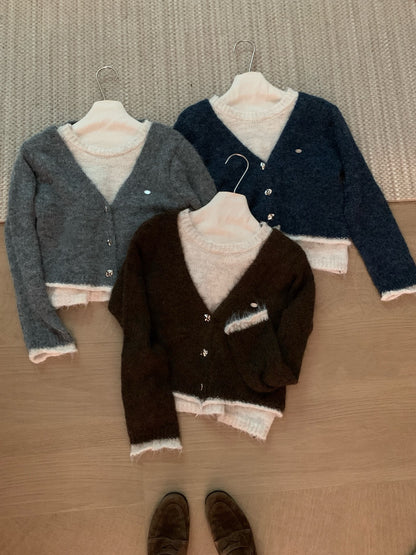 // 10%wool質感不規則鈕扣假兩件毛衣