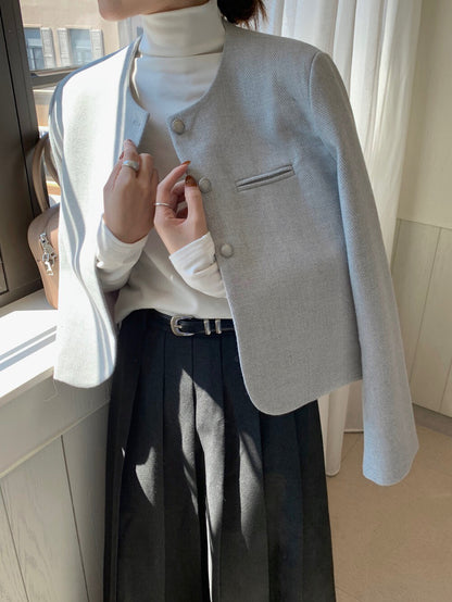 // 質感鈕扣10%wool弧邊薄毛呢外套