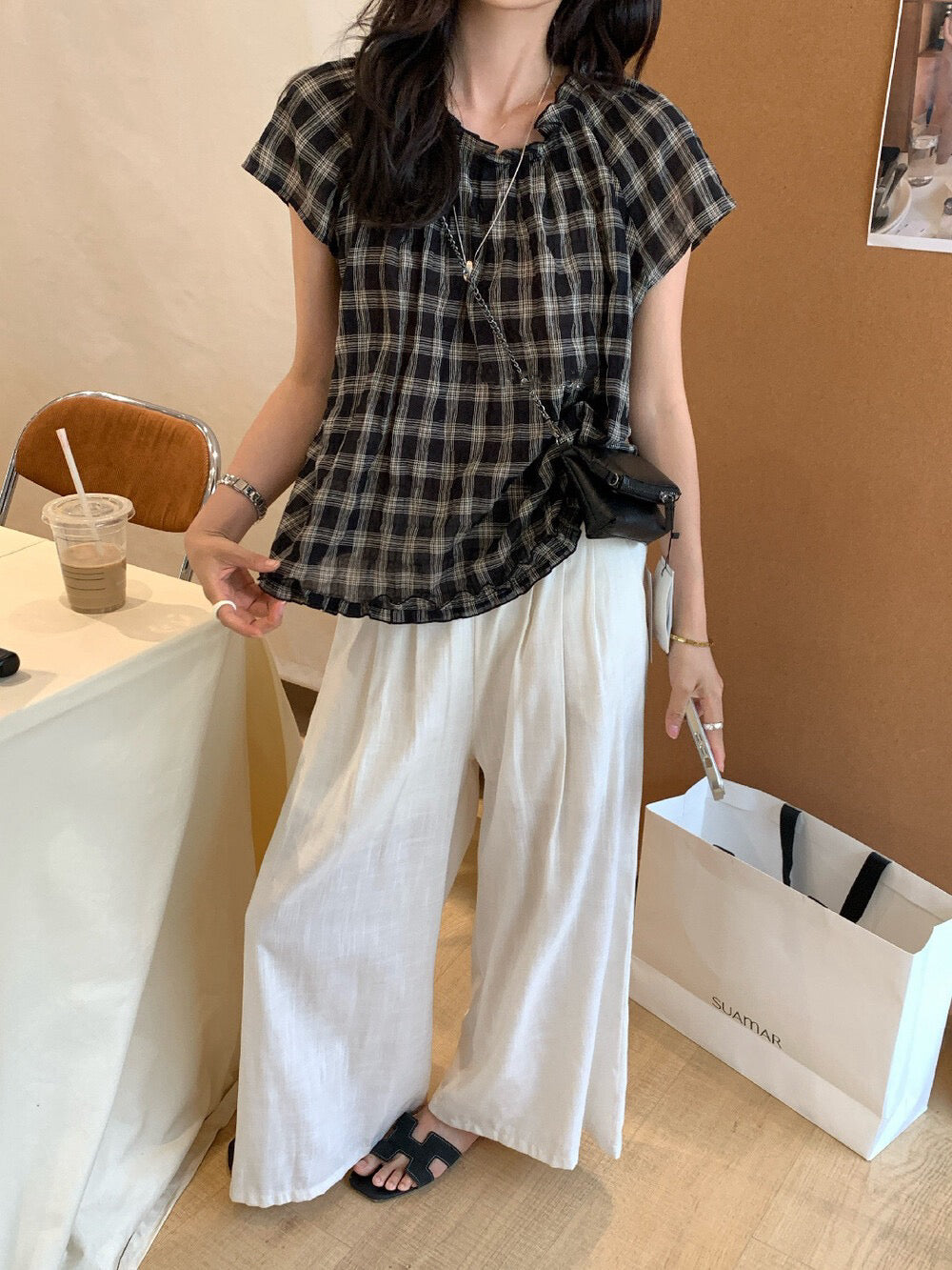 // 格紋肌理感荷葉花邊腳BL